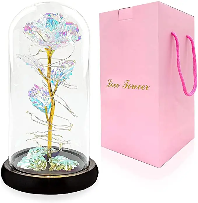 Colorful Artificial Forever Galaxy Rose Flower in A Glass Dome with LED Light, gift for woman mother girlfriend birthday