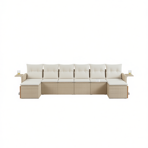 Ensemble de canapés de jardin en rotin beige avec structure en acier et meubles d'extérieur en bois d'acacia pour 6 personnes, design contemporain - Product Image 1