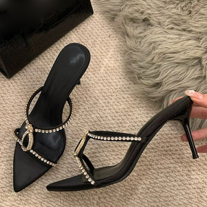 Sandalias de tacón alto y fino para mujer, con diamantes y pedrería, de verano, con correa, zapatos de vestir con punta puntiaguda, estilo mule. - Product Image 2