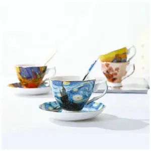 Bone China Teacup Exquisite Gift Box Van Gogh Coffee Cup And Saucer Sets Artwork Famous Oil Painting Design Afternoon Tea Mug