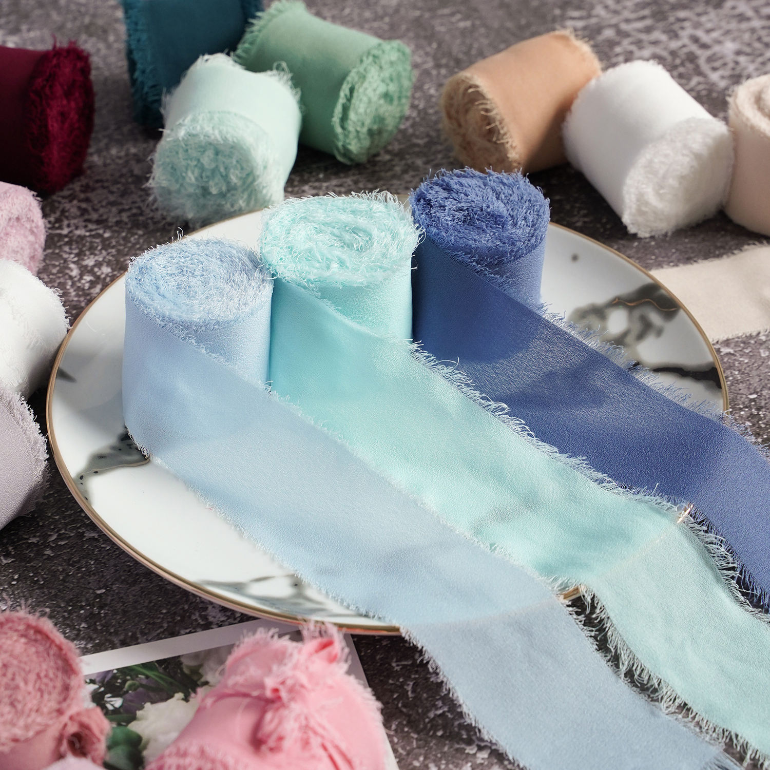 多尺寸手工磨边雪纺丝带雪纺缎带,用于婚礼邀请花束礼品包装 - buy