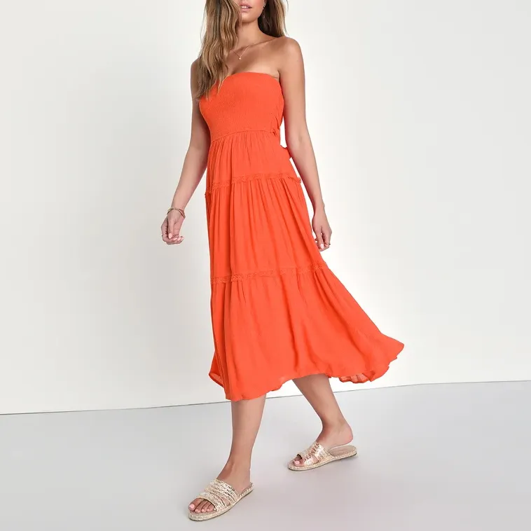 2023 nueva moda para mujer verano Casual Coral sin tirantes escalonado Tie-Back Midi vestido con corpiño sin tirantes ahumado