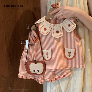 Tongxingyuan Girls Striped Cotton Two Piece Set With Pockets And Apple <b>Bag</b> Summer Outfit For <b>Toddlers</b> - Product Image 1