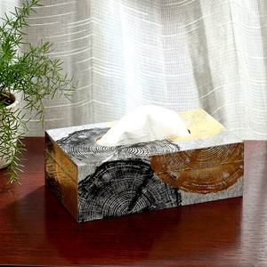 Boîte à mouchoirs moderne bohème durable et écologique avec motif d'anneaux d'arbre en noir, or et gris - Product Image 1