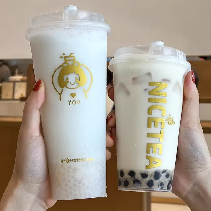 PP 90mm Disposable Printed Logo Plastic Bubble Tea Cups For Cold Drink Beverage Milk Tea gold foil stamping plastic cup