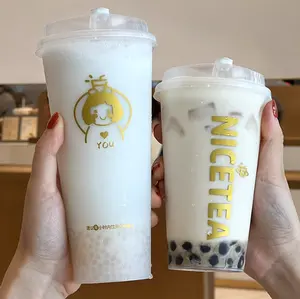 PP 90mm Disposable Printed Logo Plastic Bubble Tea Cups For Cold Drink Beverage Milk Tea Gold Foil Stamping Plastic Cup