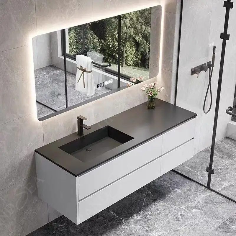 Juego de encimera de cuarzo de lujo personalizado, espejo listo para usar, pequeño lavabo moderno montado en la pared de madera, tocador de baño
