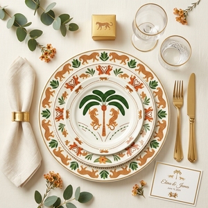 Juego de Vajilla de Porcelana con Calcomanías Personalizadas, Plato de Cerámica con Diseño de Tigre de la Selva, Platos con Borde Dorado, Vajilla para Hoteles, Restaurantes y Bodas, Venta al por Mayor - Product Image 1
