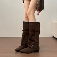 Bottes mi-mollet pour femmes, bottes souples à boucle et à bout pointu, à talons bas, pour un usage quotidien