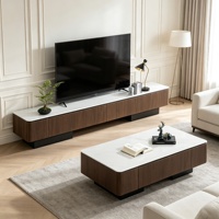 Ensemble meuble TV et table basse rétro en pierre frittée, avec tiroirs de rangement à grain de bois, pour salon, mobilier de maison, vente en gros
