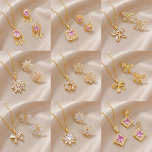 Ensemble de bijoux pour femmes, 100 styles, collier et boucles d'oreilles en acier inoxydable plaqué or 18 carats, pendentif en cristal de zircon, cadeau - Product Image 1