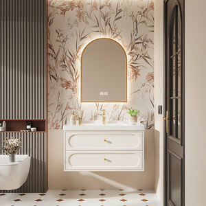 Meuble-lavabo double mural flottant de luxe moderne avec éclairage, finition laquée céramique, rangement en contreplaqué et miroir intelligent - Product Image 2