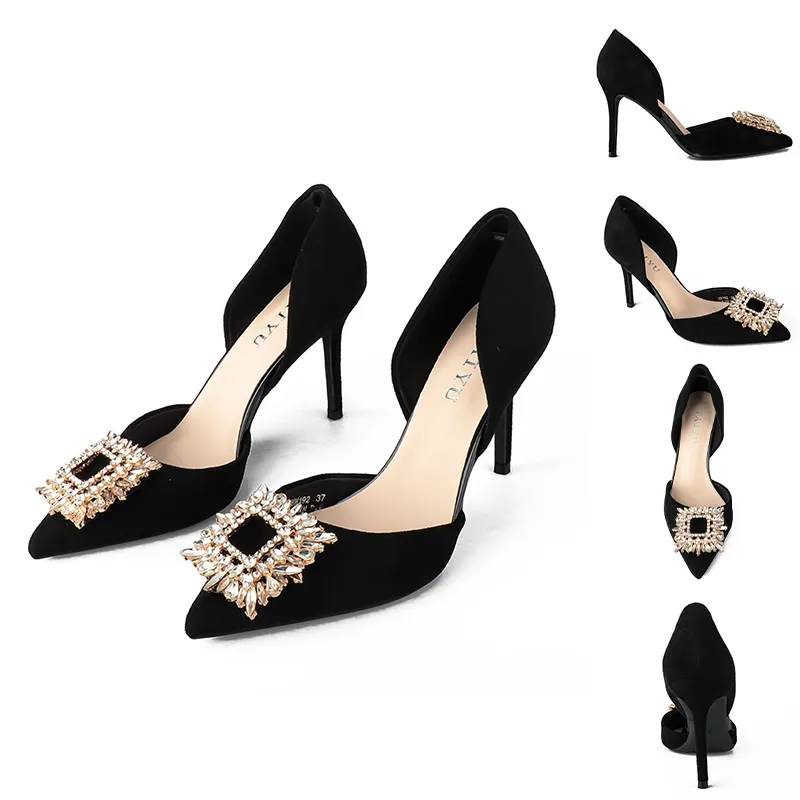 Taiyu Wholesale Fashion Pointed Toe Thin Heel One Word Belt Rhinestone High Heels Sandal Women's Wide Feet Heels