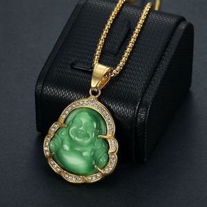 Maitreya Buddha Pendant Stainless Steel Gold Plated Rhinestone Inlay Green Cat's Eye Stone Unisex Necklace Gift - Product Image 2