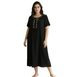 Directement du fabricant : Robe de nuit <span class=keywords><strong>noire</strong></span> brodée à manches mi-longues, robe <span class=keywords><strong>longue</strong></span> ample grande taille pour femme, vêtement de nuit tissé - Product Image 5