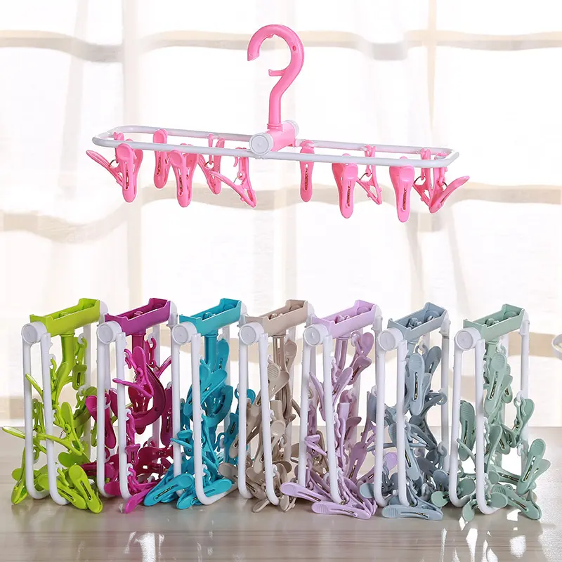 Multi-functional Folding Plastic Cloth Hanger 12 Clips Clothes Hanging Rack for Socks Underwear