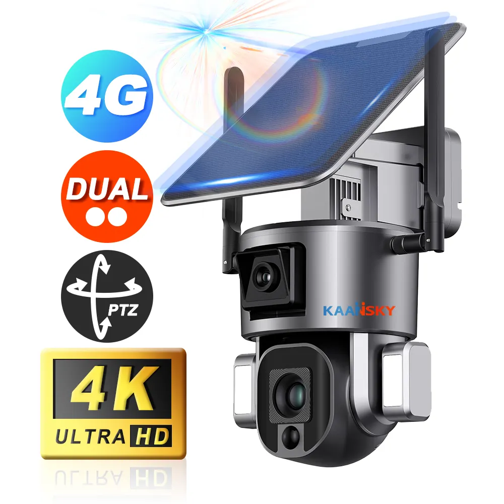 KAANSKY 4K açık AI otomatik izleme PTZ pil güvenlik 4G mobil çift Lens güneş kamera spot ile