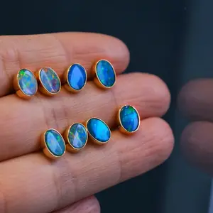 18K Solid Gold Natural Opal Ear Studs Au750 Real Gold Elegant Vintage Statement Jewelry Aesthetic Stud Earrings Wholesale Price
