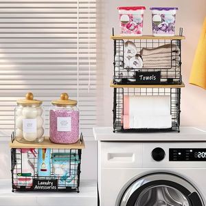 2 Pack <b>Storage</b> Stackable <b>Kitchen</b> Organizers with Bamboo Top Wall Mount Large Trash Bag Holder and Standard Garbage Bag Dispenser - Product Image 5