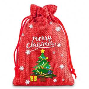 Sac de Noël 2025 en lin avec poche lumineuse et cordon de serrage, sac à bonbons pour enfants, sac en toile épaisse pour fête et cadeaux de vacances - Product Image 1