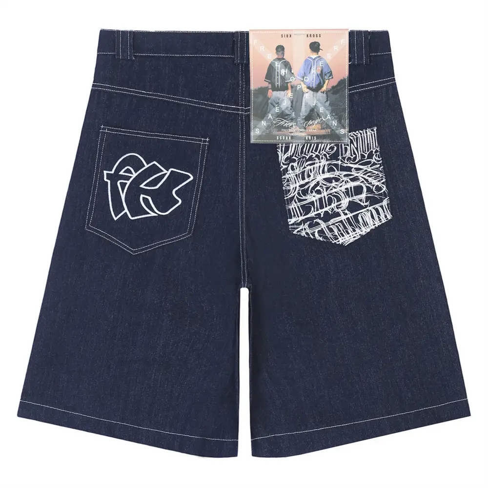 Design personalizado de alta qualidade casual impressão reta denim shorts bordado algodão macio lavado shorts jeans do homem