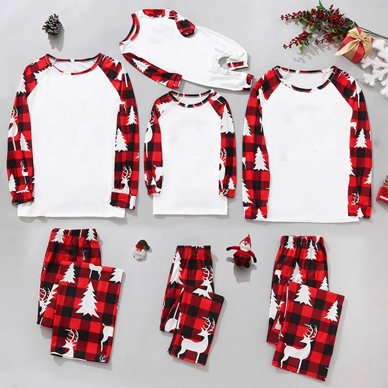 Sublimation blank vinyl Christmas Pajamas, Printed Long Sleeve Top and Plaid Pants Loungewear, blank PJs for sublimation