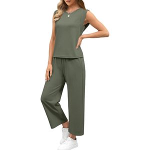 Conjuntos de dos piezas para mujer, informales, de verano, pantalones anchos, conjunto de descanso, sin mangas, cuello redondo, tejido transpirable. - Product Image 3