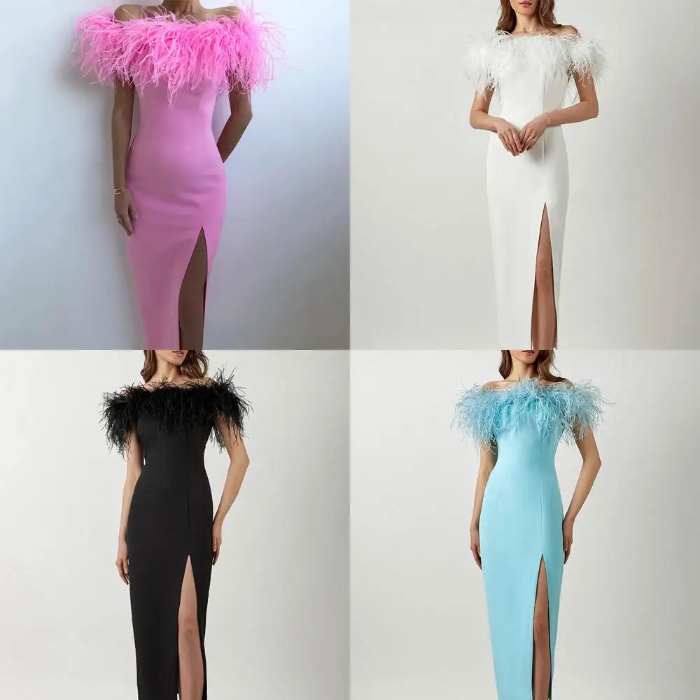 feathered white mini dress