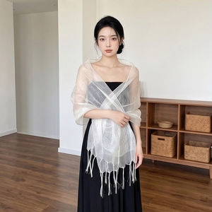 Iridescent Sheer Organza 100% Mulberry Silk Shawl Long Tassel Fringe <b>Wrap</b> Scarf Bridal Shoulder Cover Up for Wedding Party Dress - Product Image 2