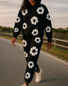 Completo Due Pezzi Donna <span class=keywords><strong>Primavera</strong></span>-Autunno 2025, Felpa con Cappuccio <span class=keywords><strong>e</strong></span> Pantaloni Casual con Stampa Floreale - Product Image 2