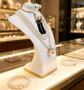 Présentoir à bijoux en cuir PU blanc, buste de mannequin en bois élégant pour colliers, bracelets, bagues et boucles d'oreilles - Product Image 4
