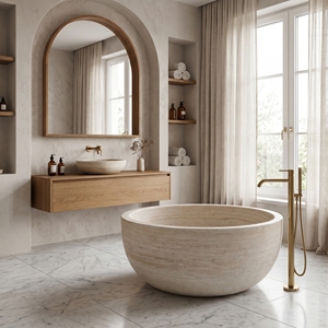 Baignoires ovales modernes sur mesure de luxe, exclusives, en bois doré/marbre gris, autoportantes, pour salle de bain, villa, hôtel, maison - Product Image 1
