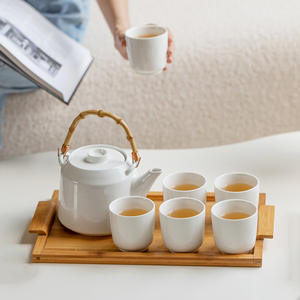 Japanese Style Tea <b>Set</b> White Ceramic Tea Pot <b>Set</b> Porcelain <b>Cup</b> <b>Set</b> of 6 Pcs - Product Image 1