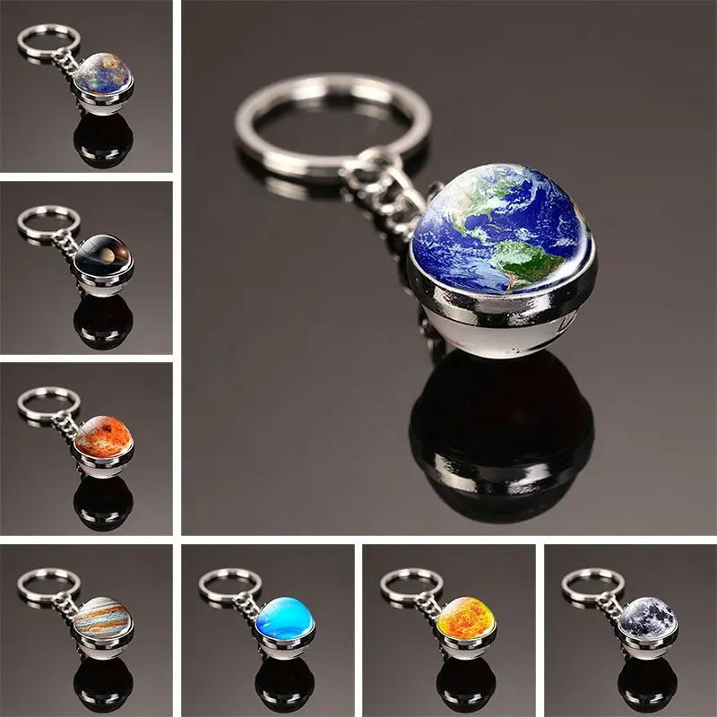 Solar System Metal Double Sided Glass Ball Pendant Key Ring Holder Earth Mars Saturn Galaxy Nebula Key Chain Gifts