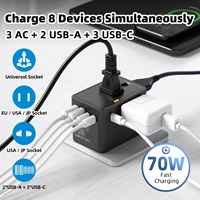 Adaptateur de voyage universel Worldplug, dernière version, Gan 70W, 3 prises AC, multi-prises internationales, 2 ports USB-A, 3 ports USB-C avec fonction Apple Find My