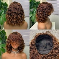 Perruque Bob Courte 100% Cheveux Humains Vierges Remy Brésiliens de Luxe, Ondulée Effet Mouillé, Entièrement Faite à la Machine, avec Frange en Dentelle, Longueur 12 pouces, Sans Chute de Cheveux, Garantie 2 Ans