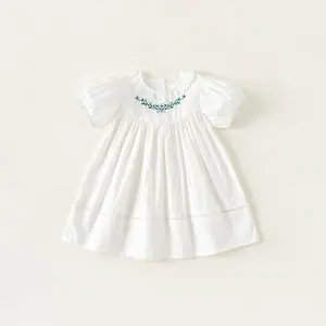 Girls' summer dress Korean version bubble short sleeve chest embroidery design children's princess dress