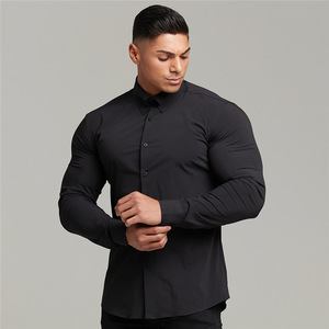 Nuovi arrivi camicia da lavoro sportiva da <span class=keywords><strong>uomo</strong></span> Slim Fit muscolare per il tempo libero manica lunga risvolto elasticizzato camicie da lavoro per ufficio - Product Image 1