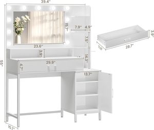 SENYU Coiffeuse Moderne Blanche avec Miroir LED et Tiroir de Rangement 39,4x55 Pouces pour Chambre à Coucher - Product Image 3
