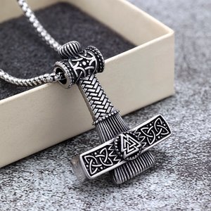Viking Thor Hammer Pendant Stainless Steel Double <b>Sided</b> Charm <b>Necklace</b> Gift Jewelry Asymmetry Geometric Design <b>Cross</b> Shape - Product Image 2