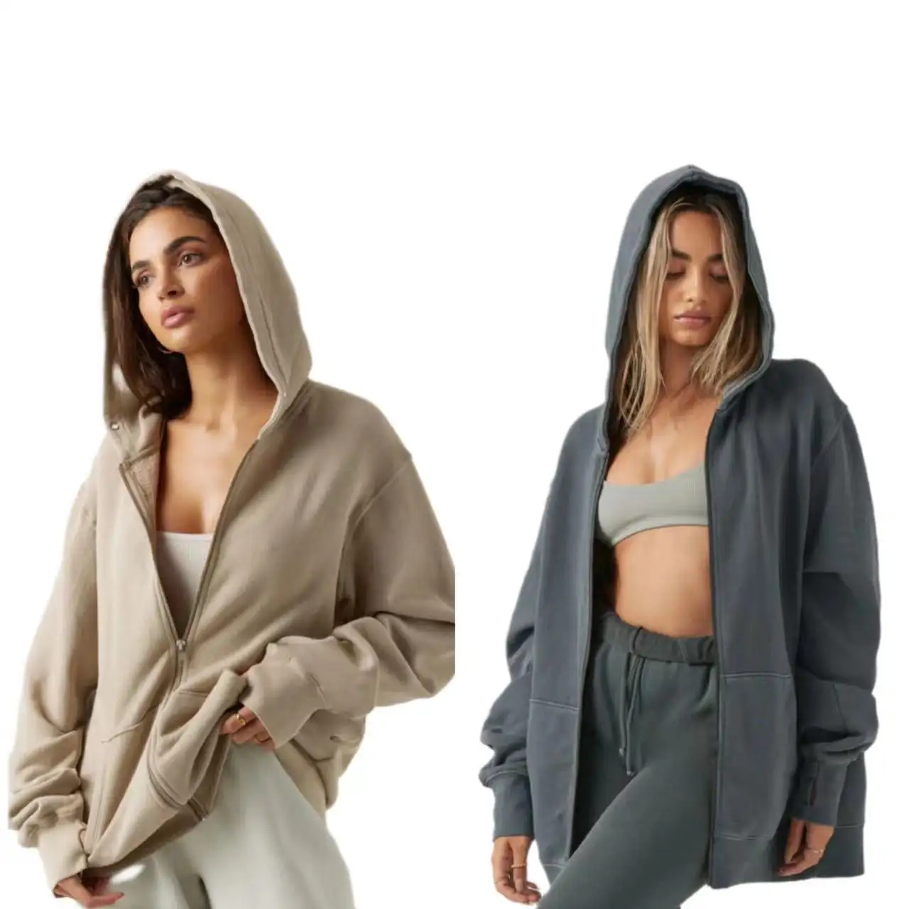 Oem joahs coton épais français éponge brossé manches longues marron vierge surdimensionné personnalisé fermeture éclair complète fabricant de sweat à capuche pour femmes