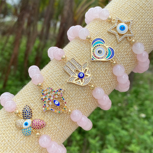 Braccialetto con Perle di Quarzo Rosa Naturale e Charm Protezione Contro il Malocchio, Gioiello Curativo in Cristallo, Regalo per Donne - Product Image 2