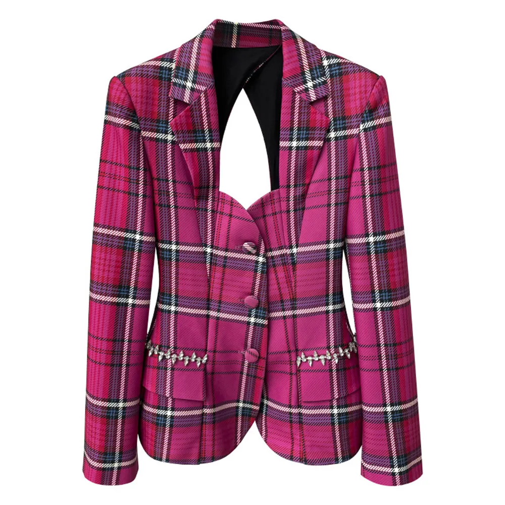 TWOTWINSTYLE Casual Pink Plaid Backless Patchwork Diamond Single Breasted Women Blazer