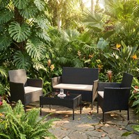 Ensemble de conversation de patio moderne en rotin tressé et fer, style américain, 4 pièces, avec banc rembourré imperméable, personnalisable pour l'extérieur