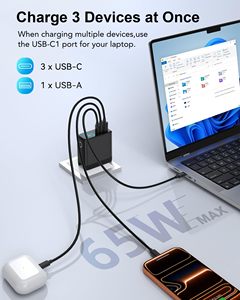 Cargador <span class=keywords><strong>USB</strong></span> <span class=keywords><strong>C</strong></span> HYTO de 65W, Bloque de Carga Rápida GaN III de 3 Puertos con Enchufe Plegable con Pantalla, Adaptador de Corriente Rápida Portátil - Product Image 2