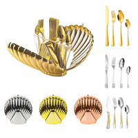 Ensemble de 24 couverts en acier inoxydable, résistant au lave-vaisselle, design moderne et minimaliste, finition polie miroir, support en ABS en forme de coquille, style occidental