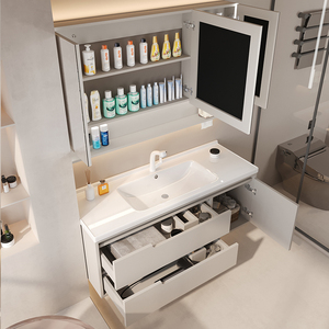 Armadietto da bagno in crema stile moderno con lavabo integrato in ceramica lavabo lacca porta pannello di trattamento superficiale per uso alberghiero - Product Image 5