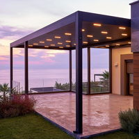 Pergola de style japonais en aluminium noir avec côtés, toit rétractable, résistant aux intempéries, pour balcon et jardin, éclairage LED