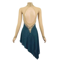 Robe de patinage artistique bleu sarcelle foncé à col montant et strass dorés, dos ouvert en V profond, jupe asymétrique pour adultes et enfants