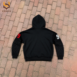 Sweat à capuche zippé vintage épais imprimé, style streetwear, effet vieilli délavé à l'acide, avec strass, coupe oversize - Product Image 2